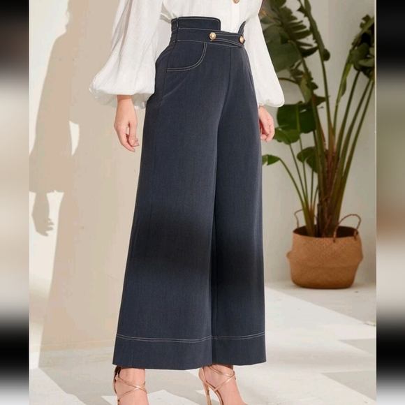 High Waist Top-stitching Wide Leg Pants - Picture 1 of 5